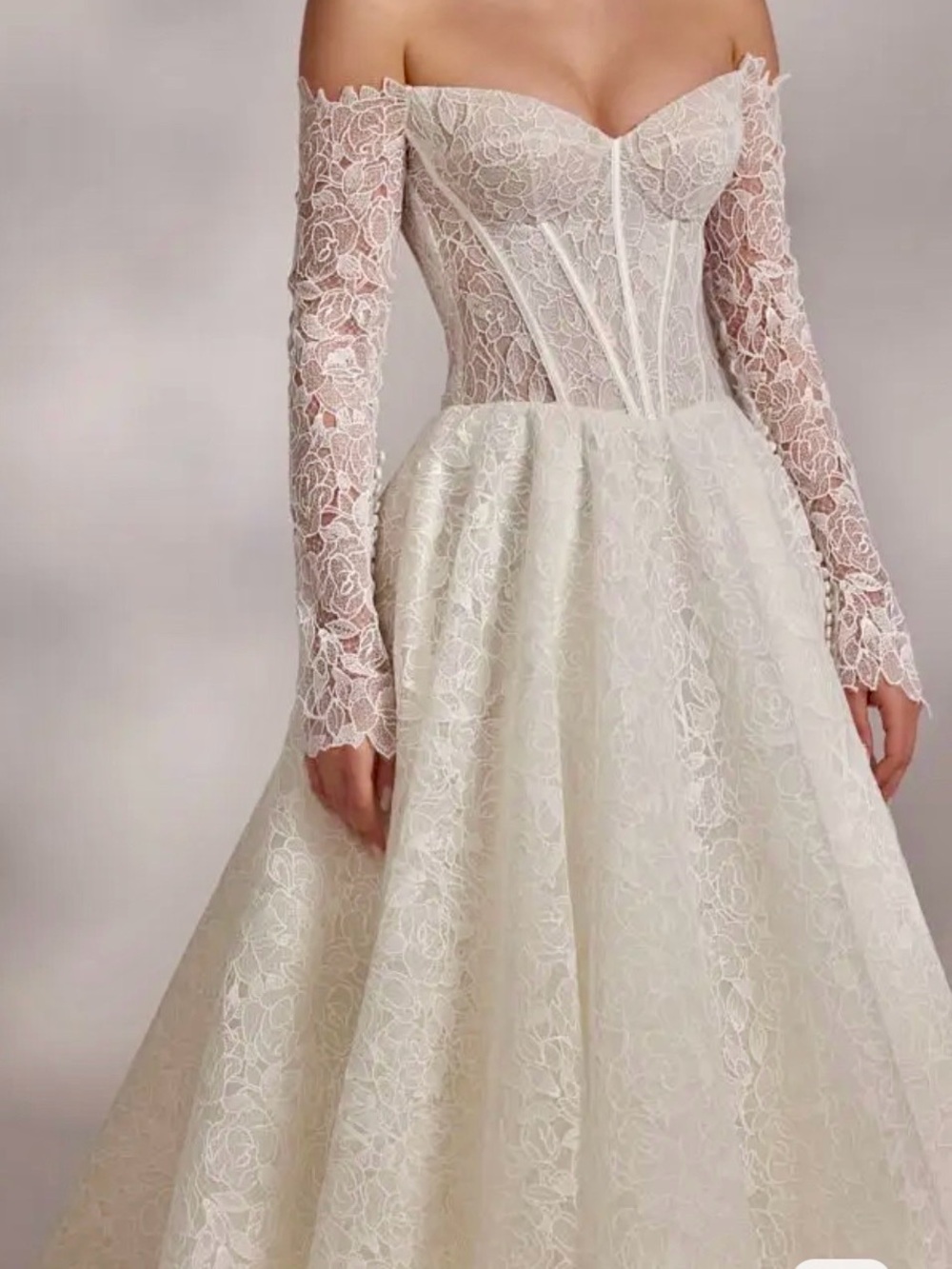Stunning Lace Off-Shoulder A-Line Wedding Dress Paired with Cathedral Veil!